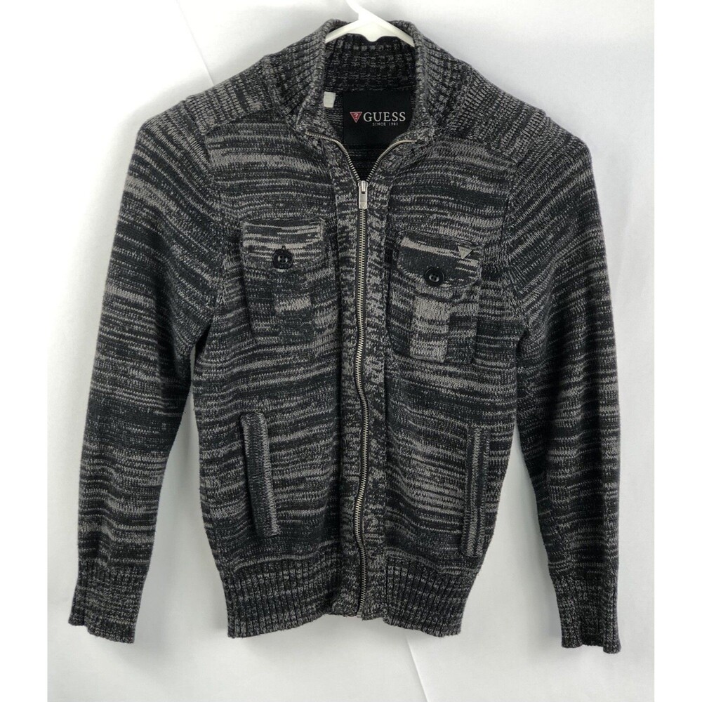 Guess Cardigan Sweater Jacket 8 Blk/Gray Marled Zip Front Mock Collar Pockets